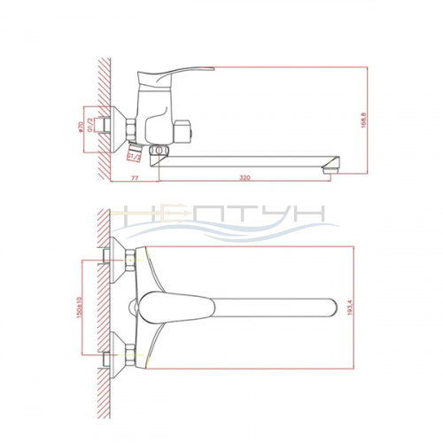 Смеситель однорычажный для ванны длинный излив переключатель в корпусе хром, 35F CN2201_2
