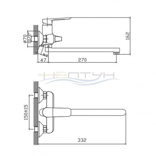 Однорычажный смеситель для ванны длинный  излив переключатель в корпусе d35 хром латунь, CN22521_2